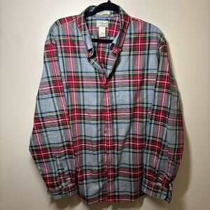 LL Bean Flannel Shirt Mens XL Gray Red Plaid Traditional Fit Long Sleeve